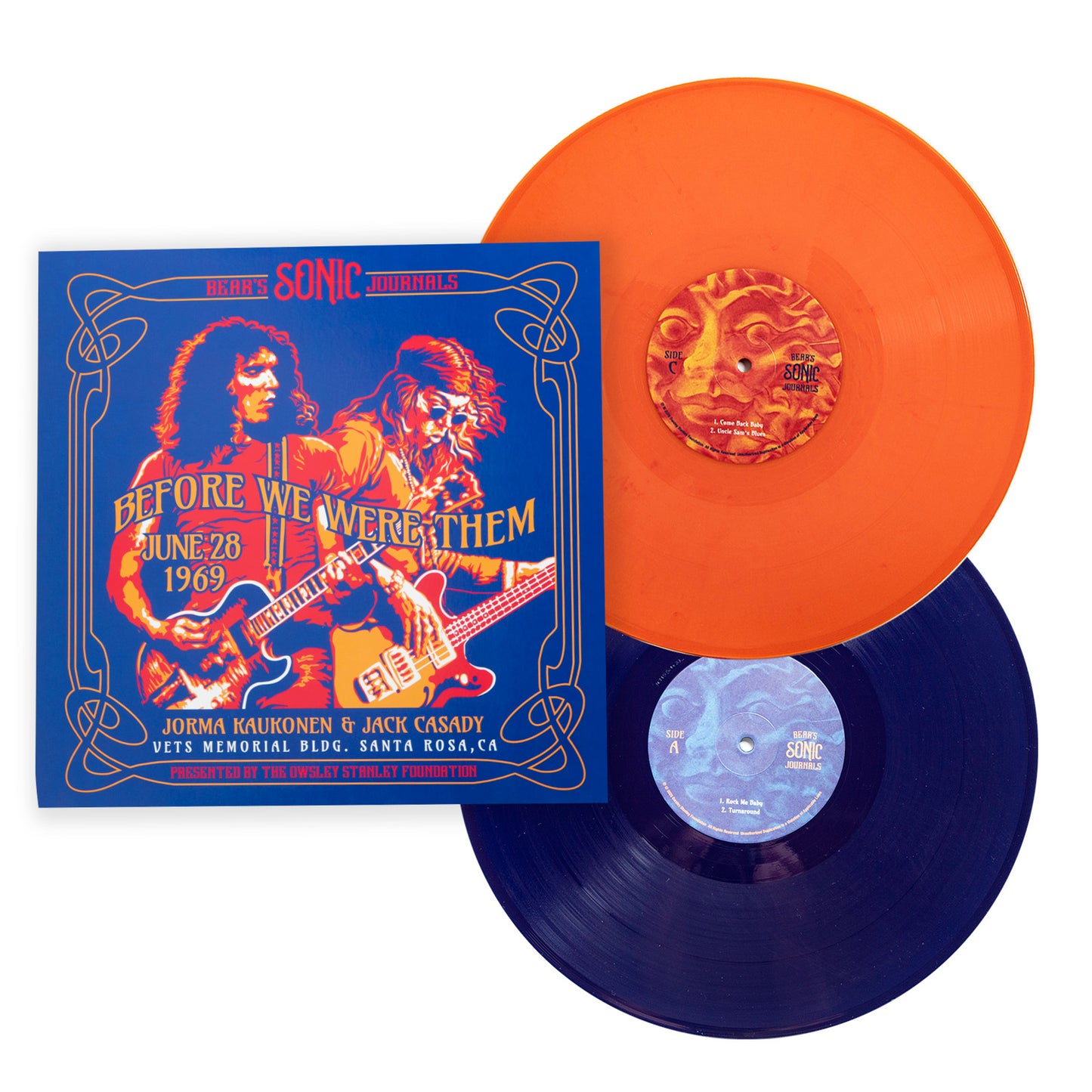 Jorma Kaukonen & Jack Casady Orange and blue vinyl records with a cover featuring two musicians and text.
