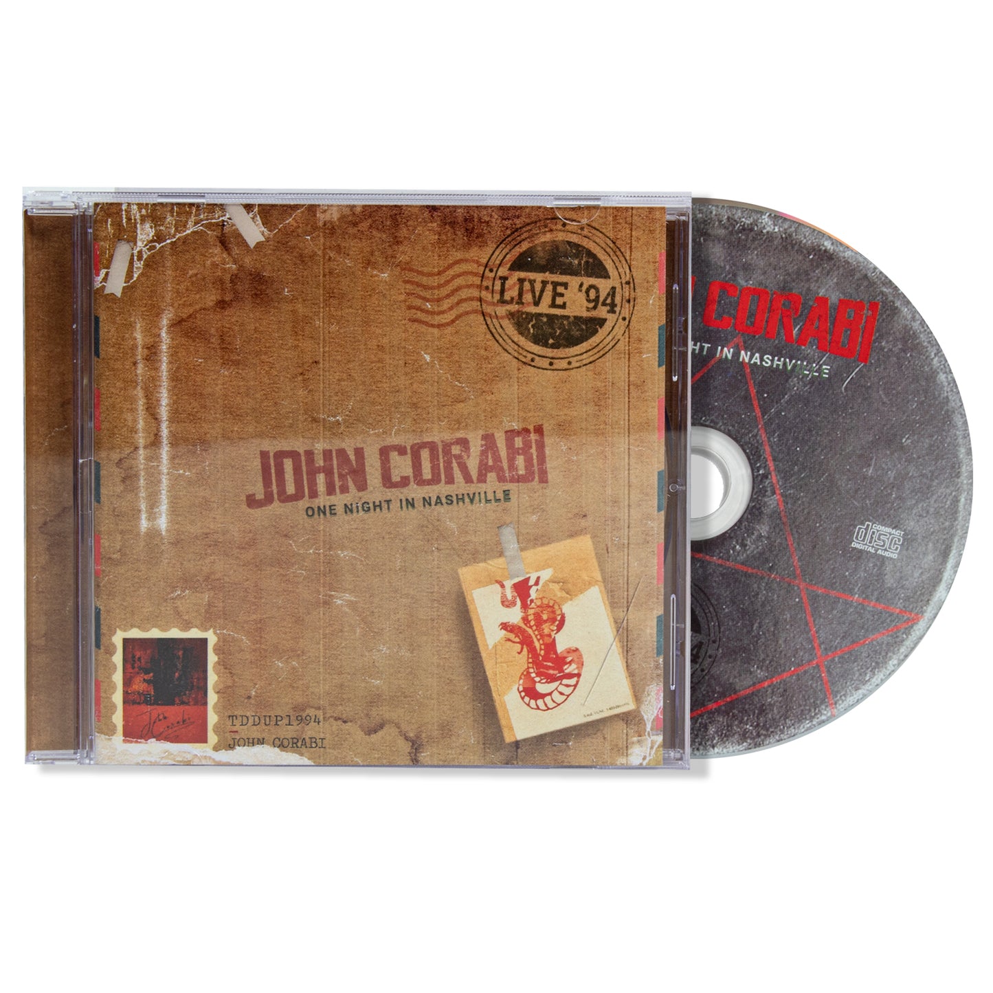 CD and cover of John Corabi's 'One Night in Nashville' with 'Live '94' stamp design.