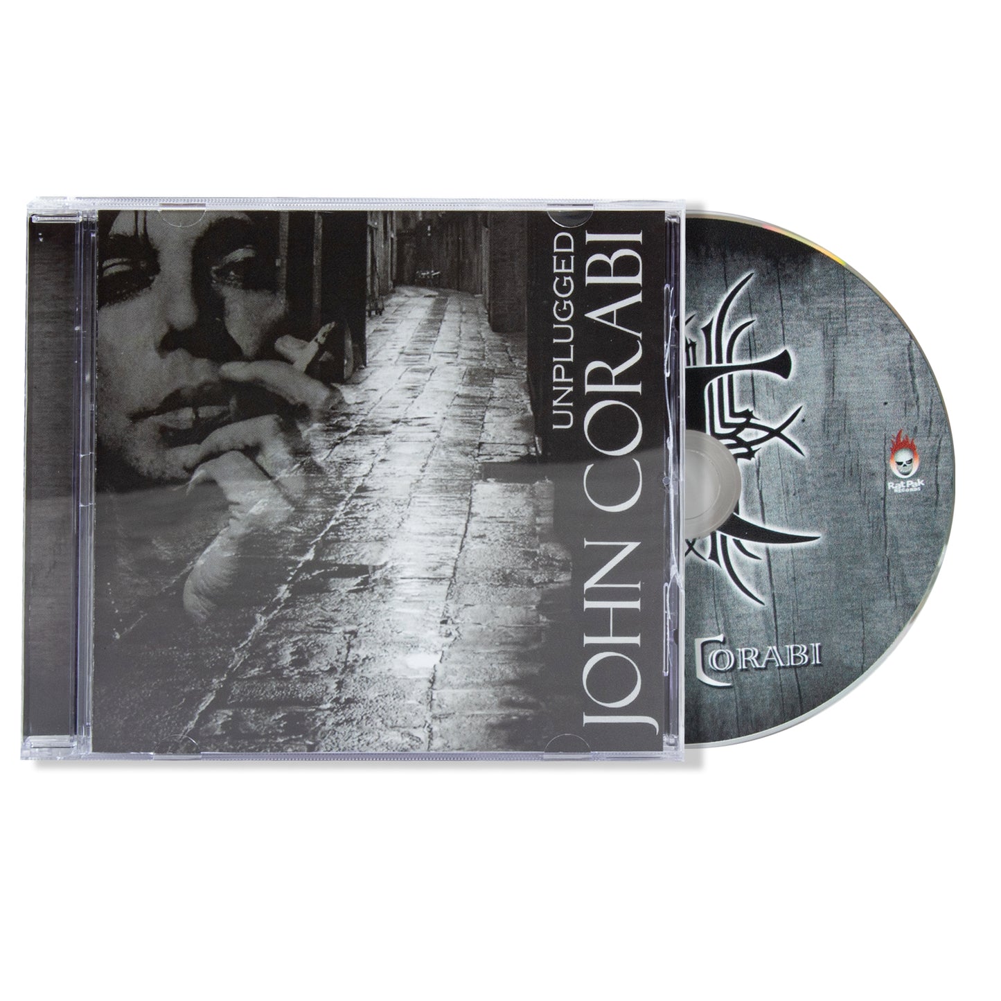 CD cover of 'Unplugged' by John Corabi with a black and white photo of a person playing guitar.