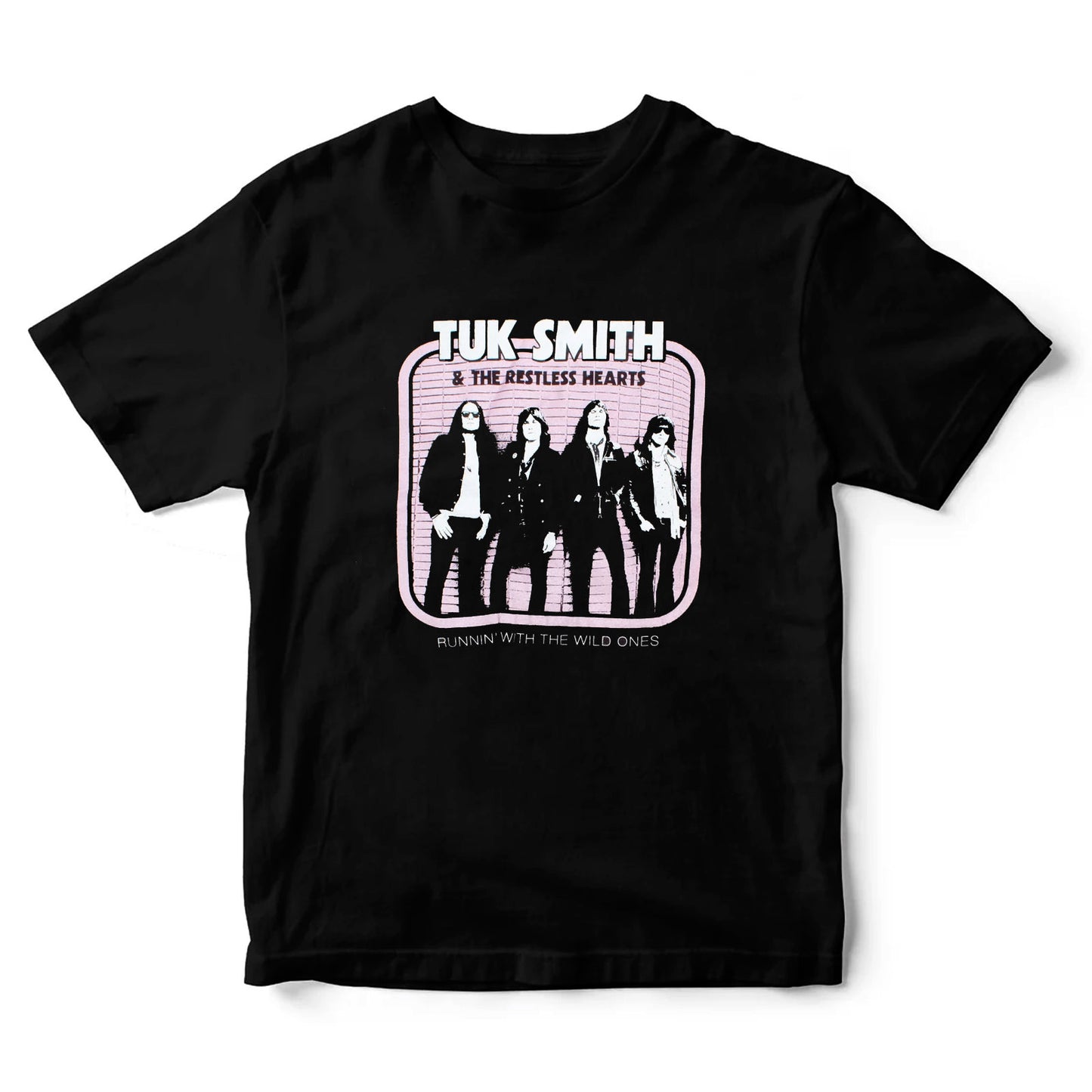 Black t-shirt with band graphic and text on a white background