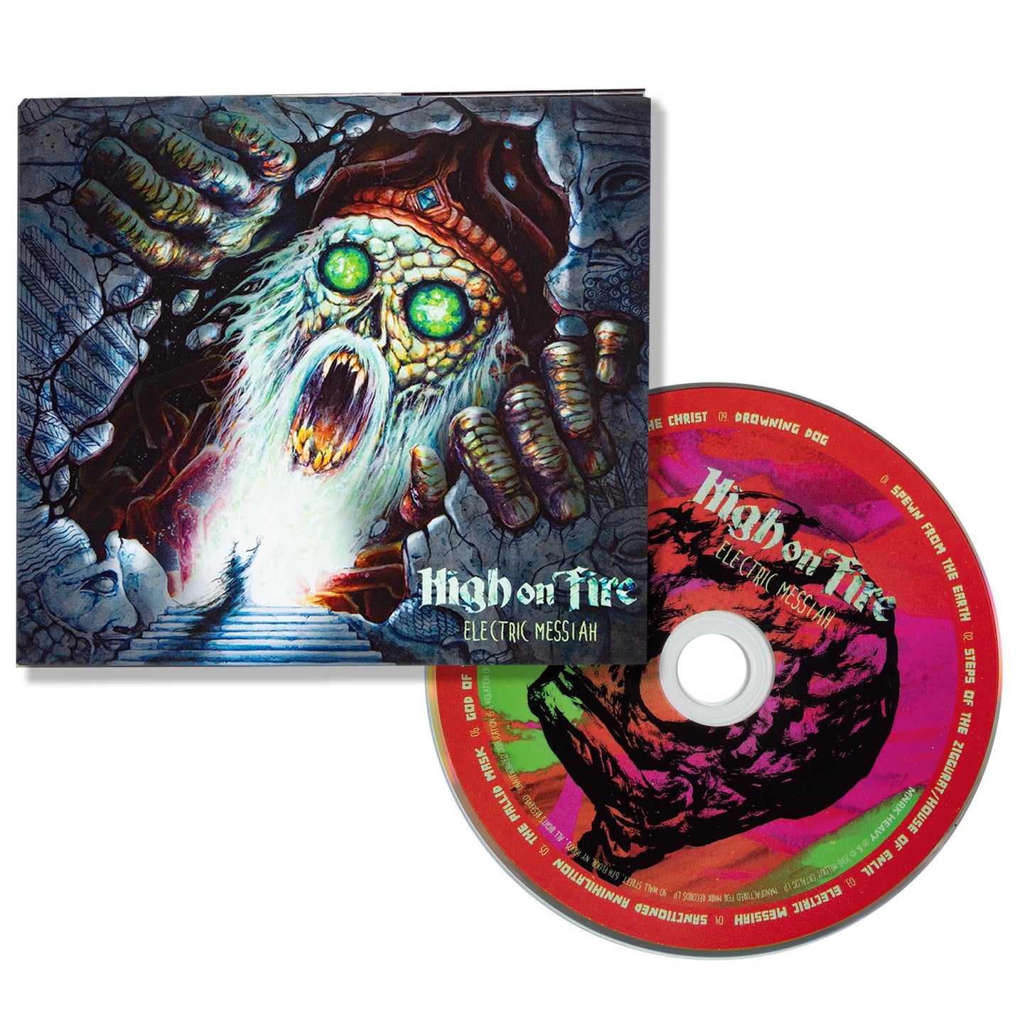 CD cover and disc of 'High on Fire' album 'Electric Messiah' with a colorful design.