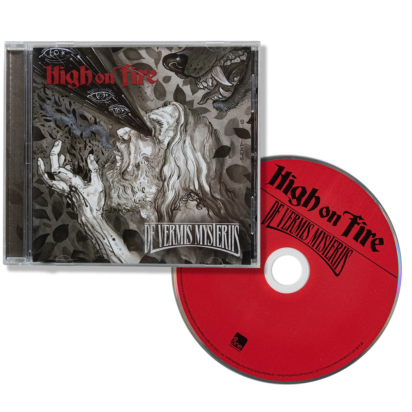 CD cover and disc of 'High on Fire' album 'De Vermis Mysteriis' on a white background