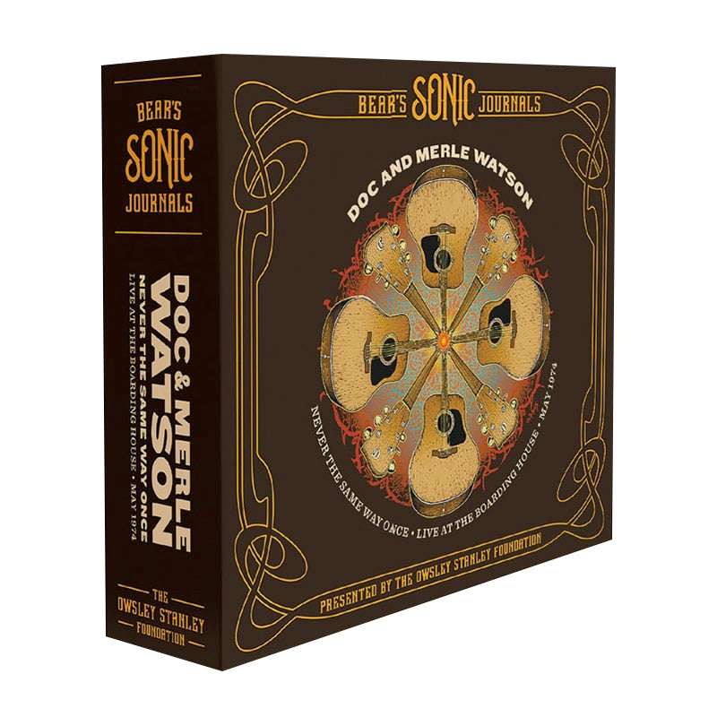 A boxed set of 7 CDs titled 'Doc & Merle Watson: Never the Same Way Once - Live at the Boarding House - May 1974'. The box cover features a graphic design with elements representing the artists and the event.