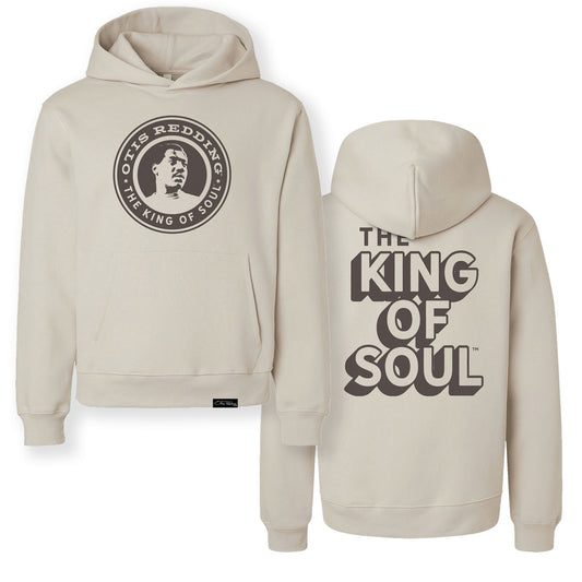 Beige hoodie with 'The King of Soul' text and logo on a white background