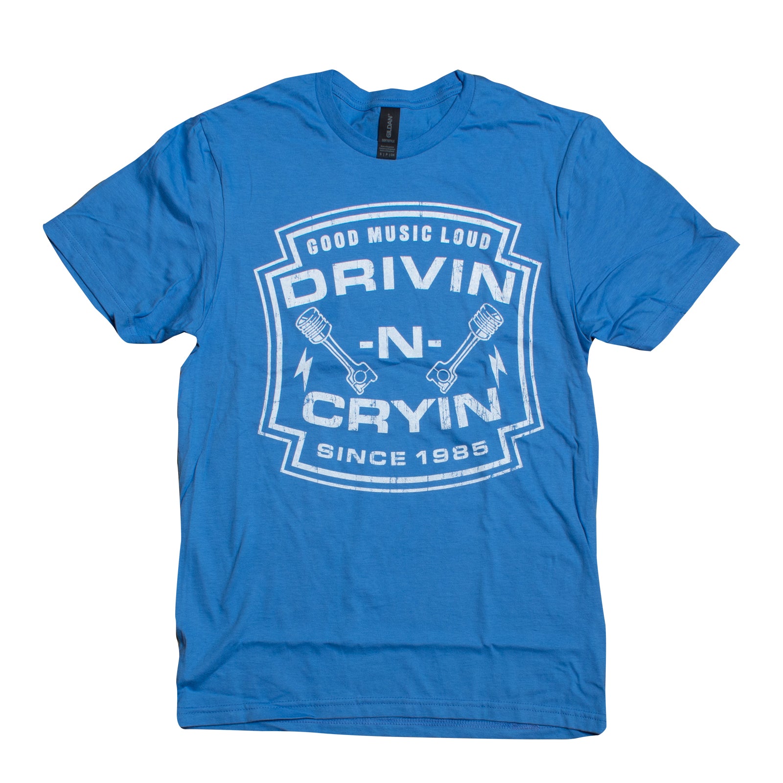 Blue t-shirt with white graphic and text on a white background