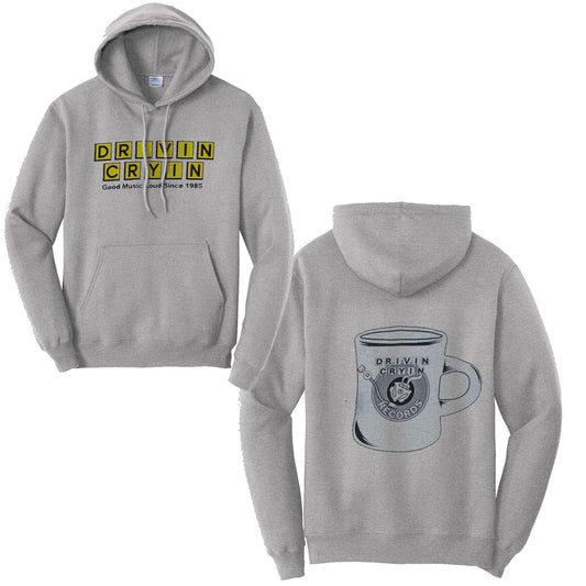 Gray hoodie with 'Drivin Cryin' logo on front and mug graphic on back