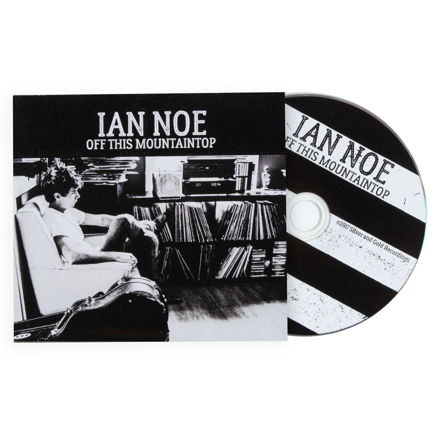 CD cover and disc of 'Off This Mountaintop' by Ian Noe with black and white photo and album title.
