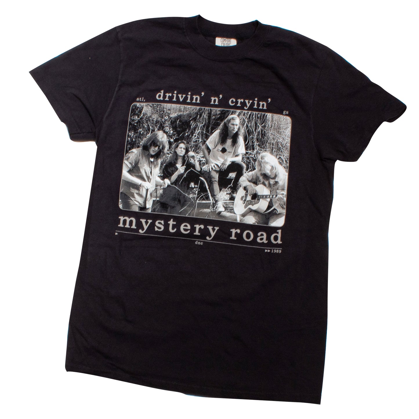 A black short-sleeve graphic t-shirt featuring a vintage-style black and white print of the band Mystery Road on the front, with the text 'drivin' n' cryin'' above and 'mystery road' below.
