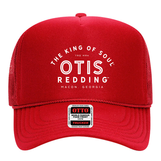 Red trucker hat with Otis Redding branding on a white background