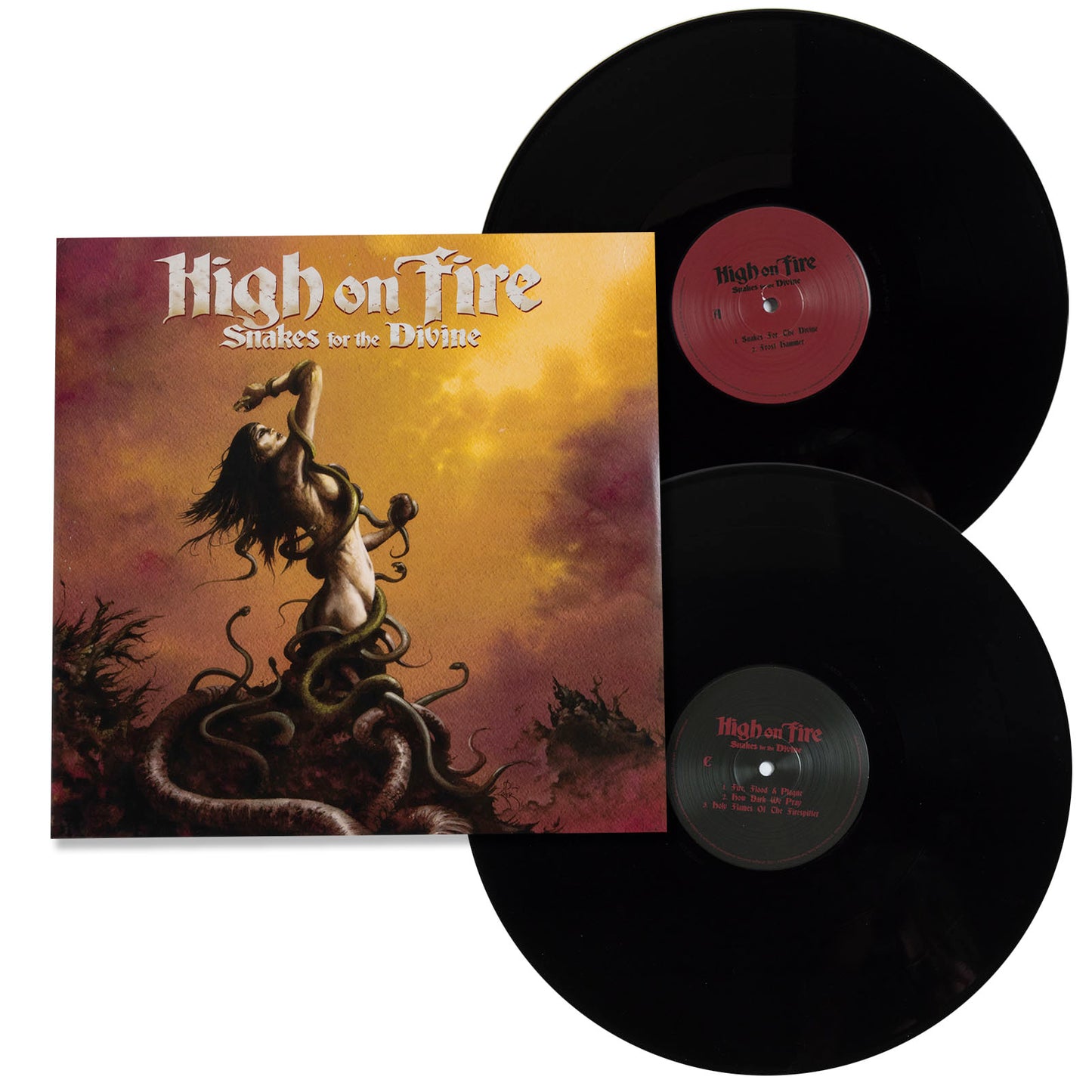 Vinyl album with cover featuring a woman and snake design, titled 'High on Fire'.