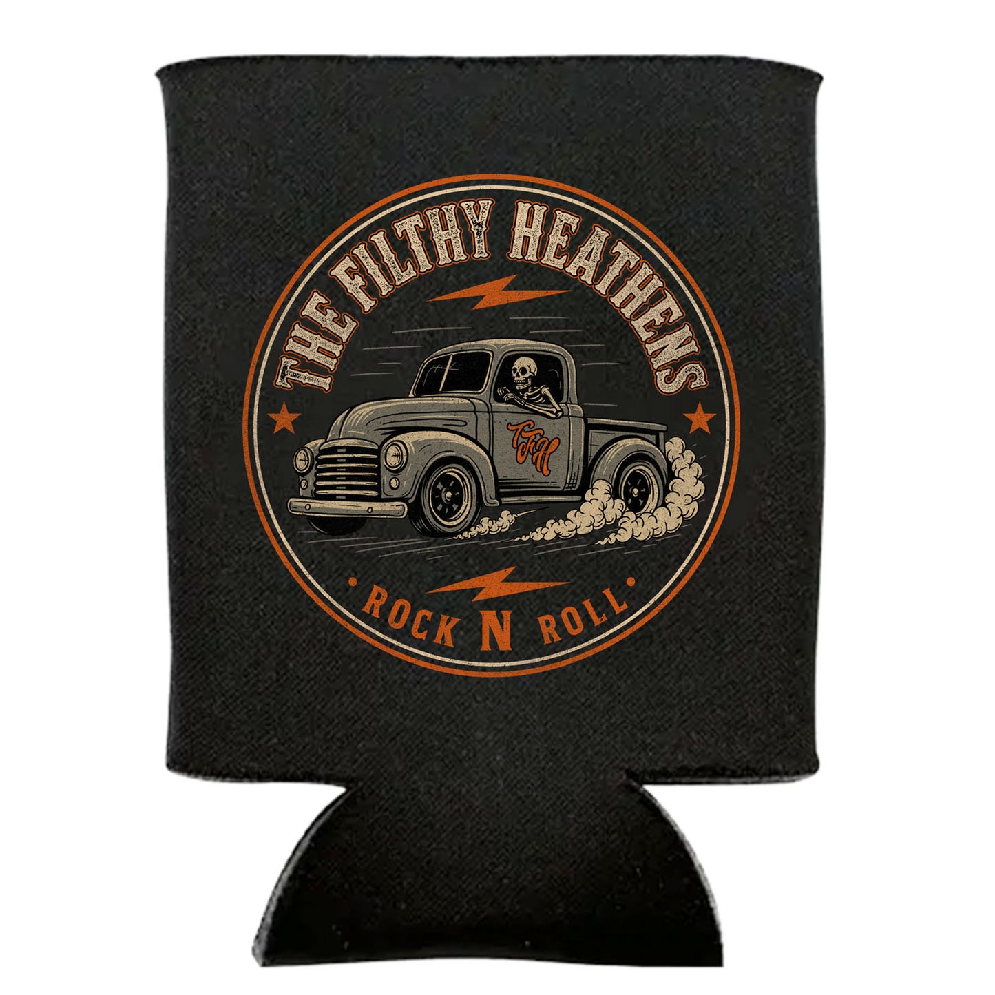 Black can cooler with a graphic of a truck and 'The Filthy Heathers Rock N Roll' text on a white background
