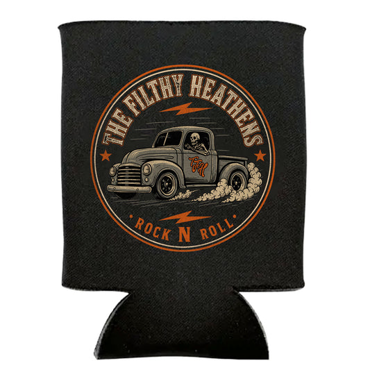 Black can cooler with a graphic of a truck and 'The Filthy Heathers Rock N Roll' text on a white background