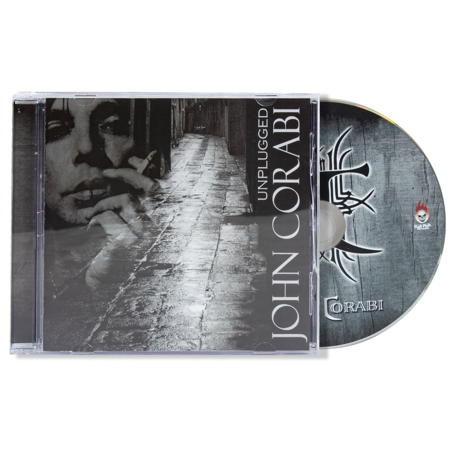 CD cover of 'Unplugged' by John Corabi with a black and white photo of a person playing guitar.