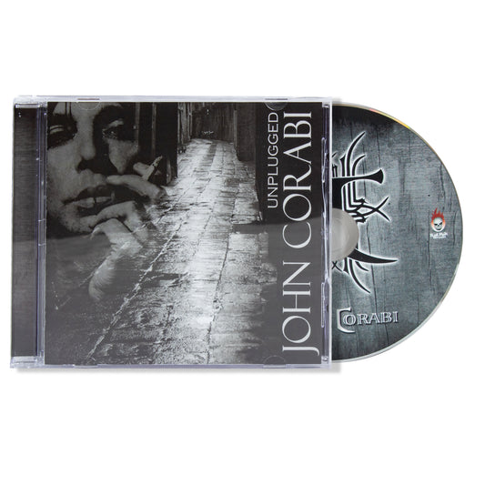 CD cover of 'Unplugged' by John Corabi with a black and white photo of a person playing guitar.