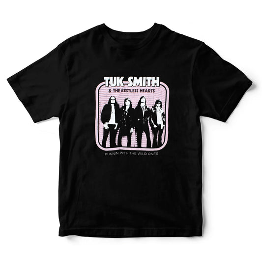 Black t-shirt with band graphic and text on a white background