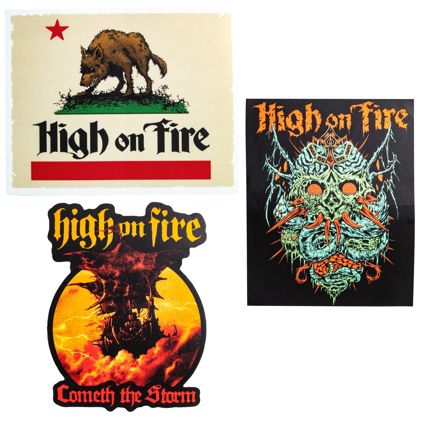 Four 'High on Fire' album covers featuring different designs and colors.High On Fire Sticker Set