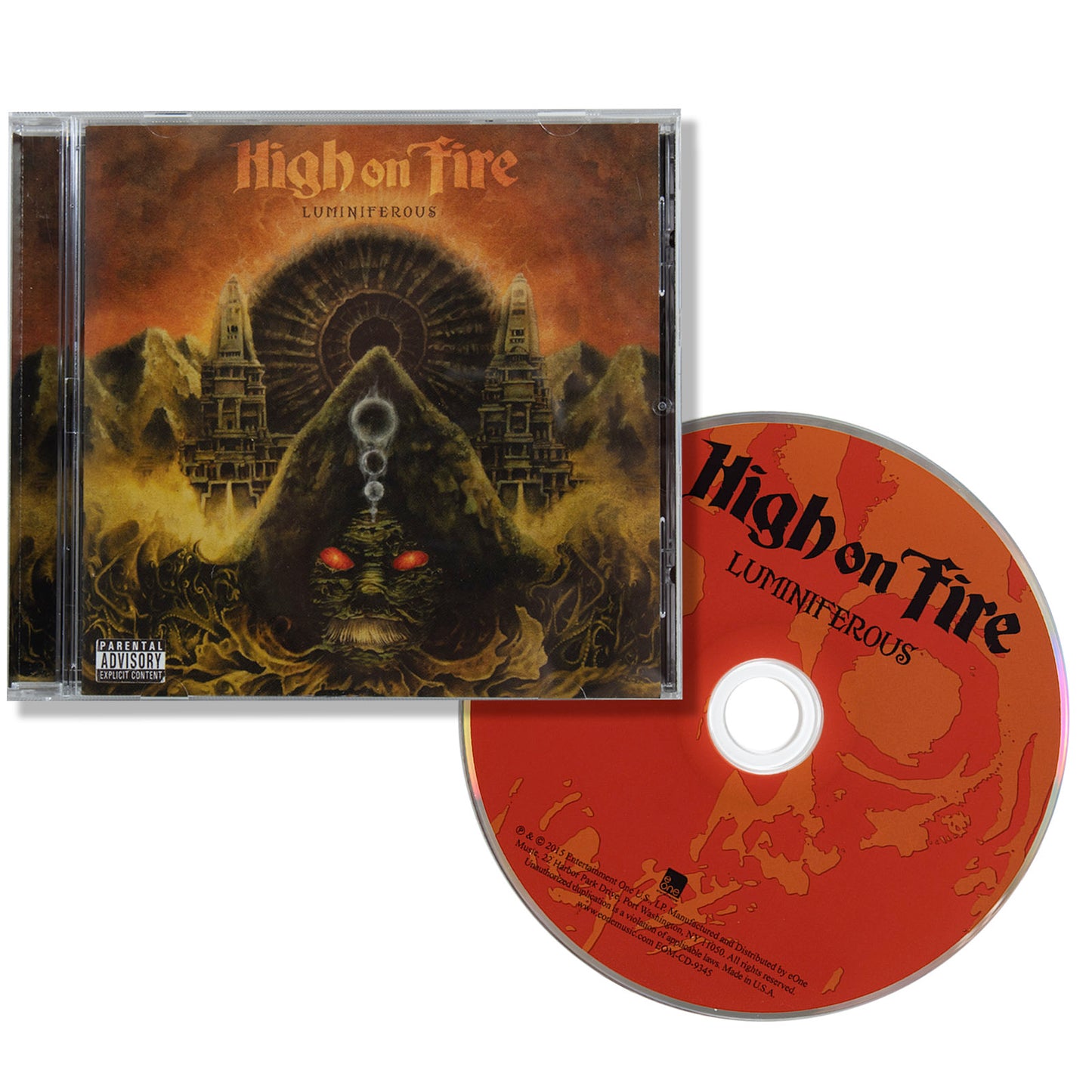 CD and cover of 'High on Fire' album 'Luminiferous' on a white background