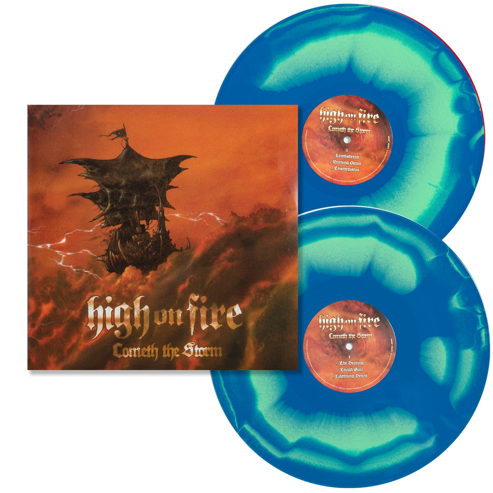 Vinyl record set with 'High on Fire' album cover and blue and green records.