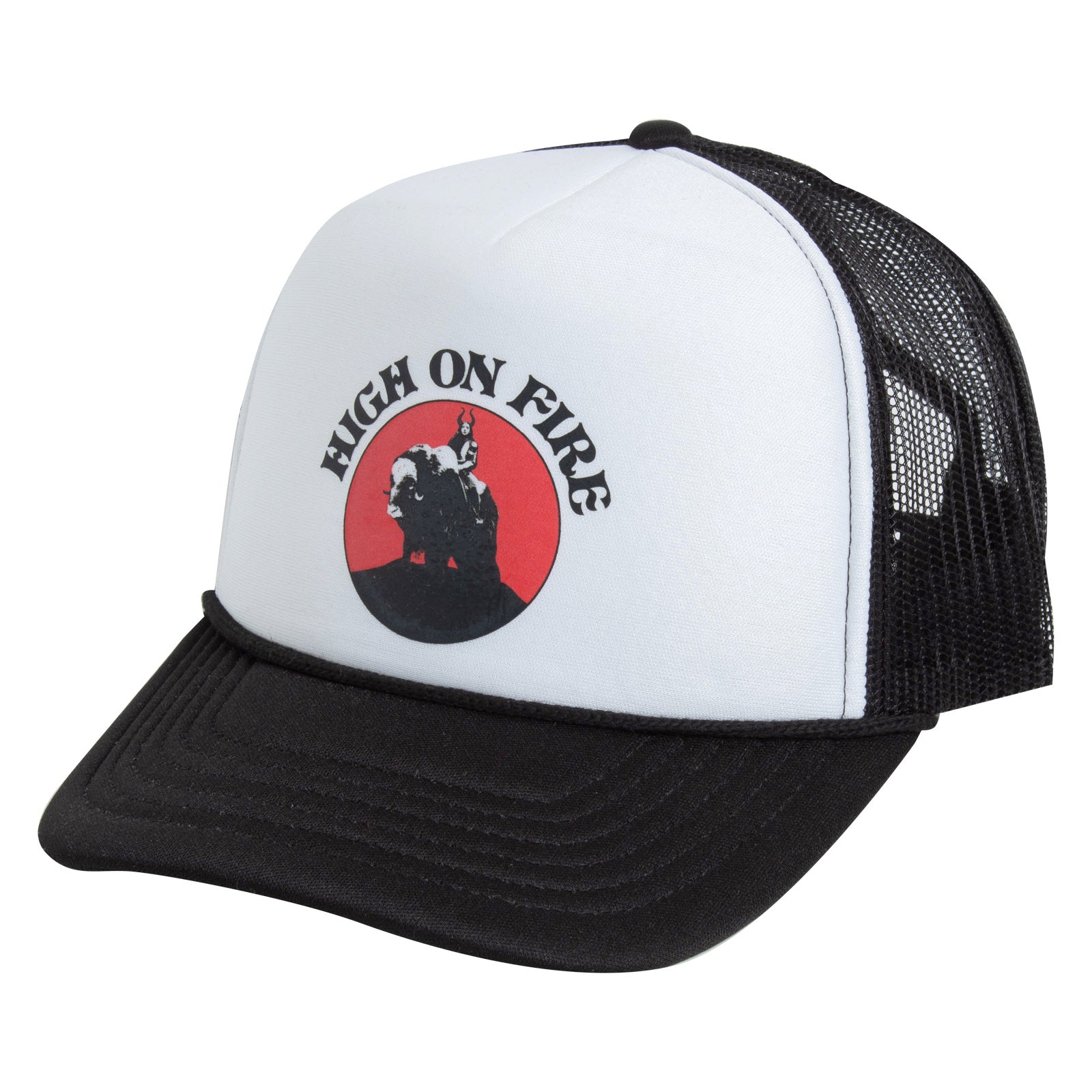 White and black trucker hat with 'High on Fire' logo on a white background